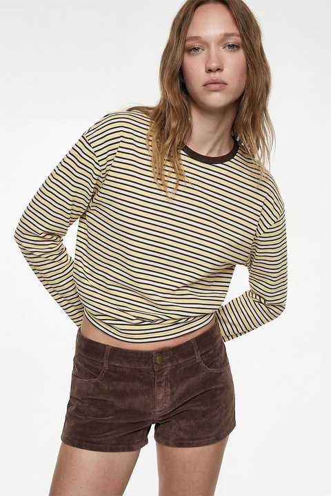 KOTON, Bliza in dungi cu maneci cazute, Alb/Maro inchis/Galben pai