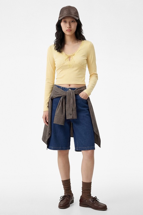 KOTON, Bluza slim fit cu decolteu adanc in V, Galben