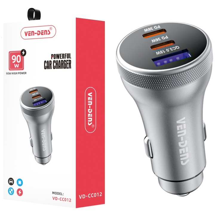 Ven-Dens 90W autós töltő 3 USB porttal, ezüst, kompakt
