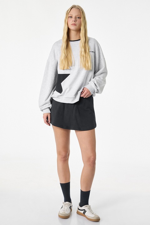 KOTON, Bluza de trening supradimensionata cu text, Negru/Gri deschis melange