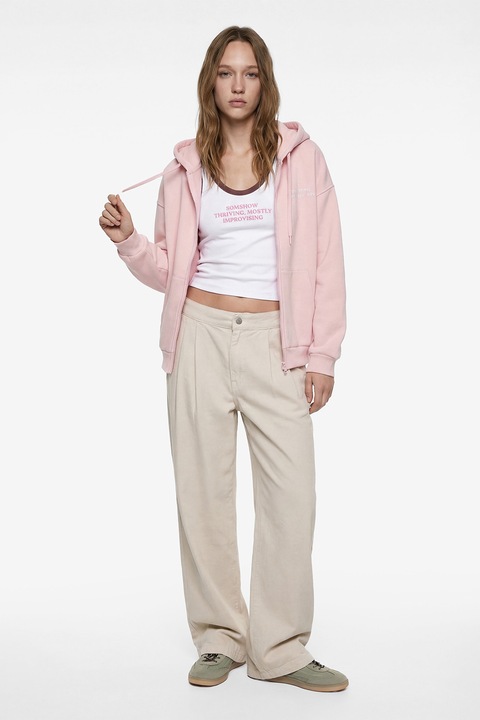 KOTON, Hanorac lejer din amestec de bumbac cu fermoar, Roz pastel, L