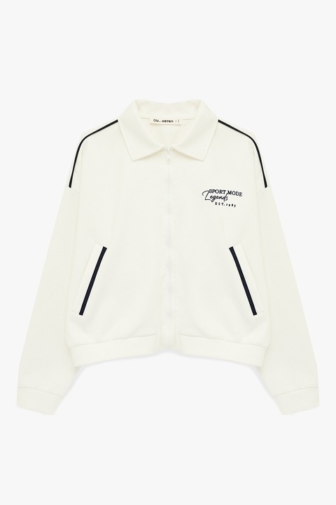 KOTON, Bluza supradimensionata de trening cu fermoar si text brodat, Alb fildes/Negru