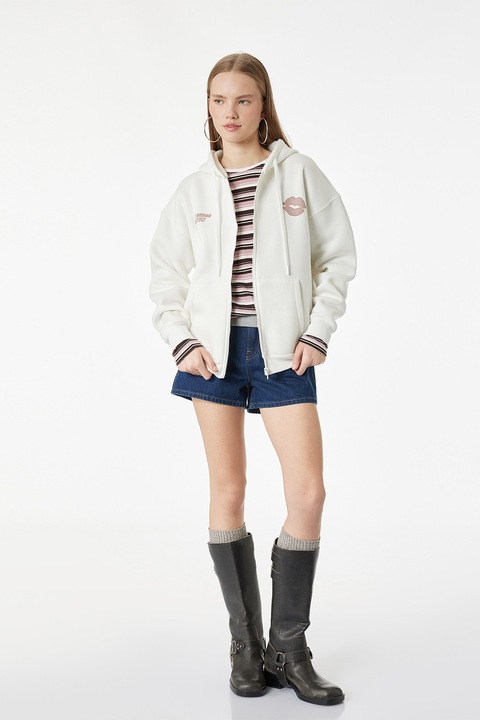 KOTON, Hanorac cu fermoar si text, Alb fildes, Roz prafuit, M