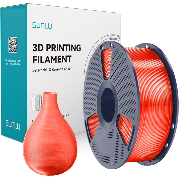 Rola filament 3D Sunlu, PETG, Culoare Rosu Transparent, 1kg, lungime 330 m, diametru 1.75mm, compatibil cu majoritatea imprimantelor 3D tehnologie FDM, ideal pentru imprimantele BambuLab