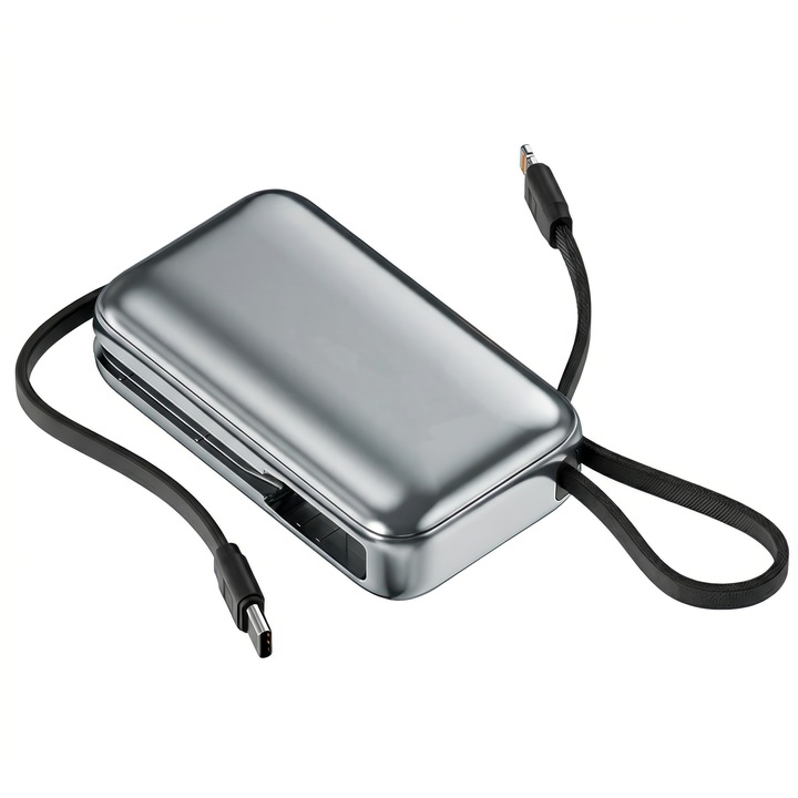 Baterie Externa UltraPortabila Daden 10.000mAh, Power Bank Portabil, Cabluri Integrate, Incarcare Rapida 22.5W, Display LED, Compatibil Apple, Samsung, Universal, Type-C, Lightning, USB-A, Gri