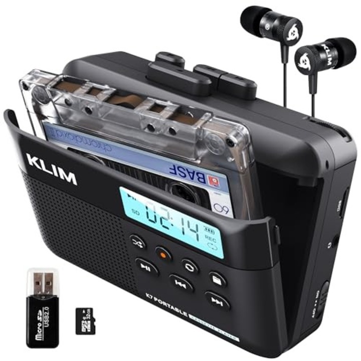 Player casete portabil KLIM® K7, Walkman cu slot card SD 32GB, conversie casete in MP3, difuzor si microfon integrat, acumulator reincarcabil USB-C, functie inregistrare