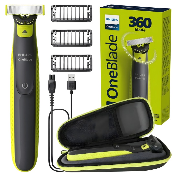 Комплект самобръсначка Philips OneBlade 360 QP2724/23, 3 гребена, калъф за пътуване, водоустойчива, мокра и суха употреба