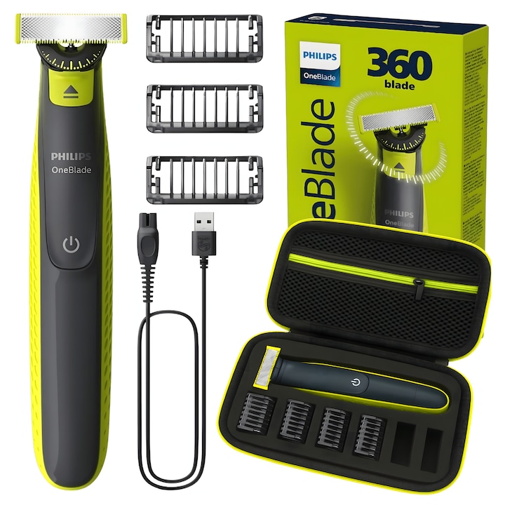 Комплект самобръсначка Philips OneBlade 360 QP2724/23, 3 гребена, мокро и сухо използване, голям калъф