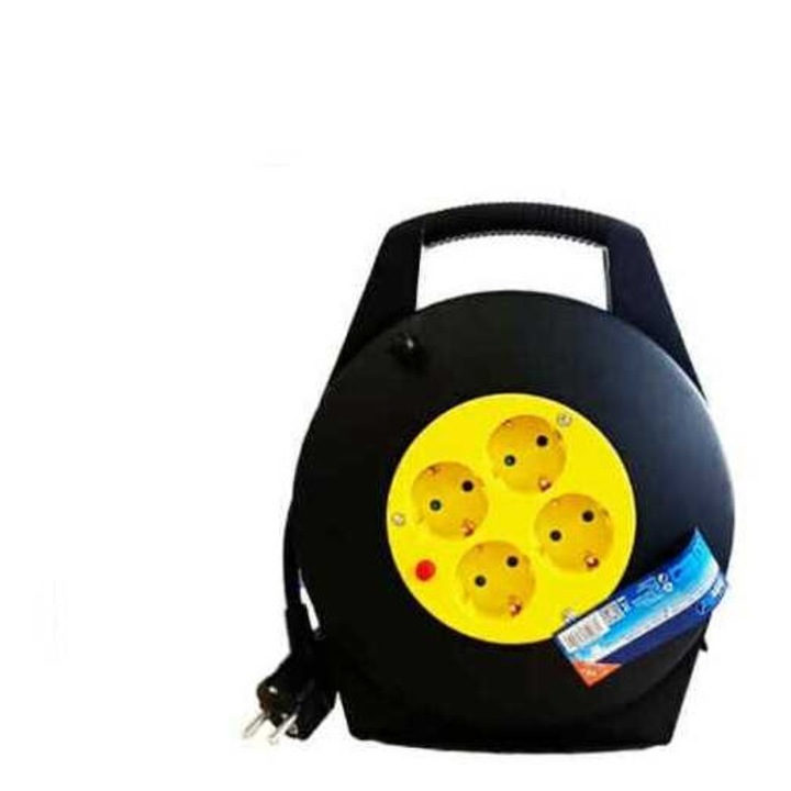 Tambur cablu 10 metri Prelungitor 3G1.5 mm cu 4 prize IP20 interior negru/galben Extra Star