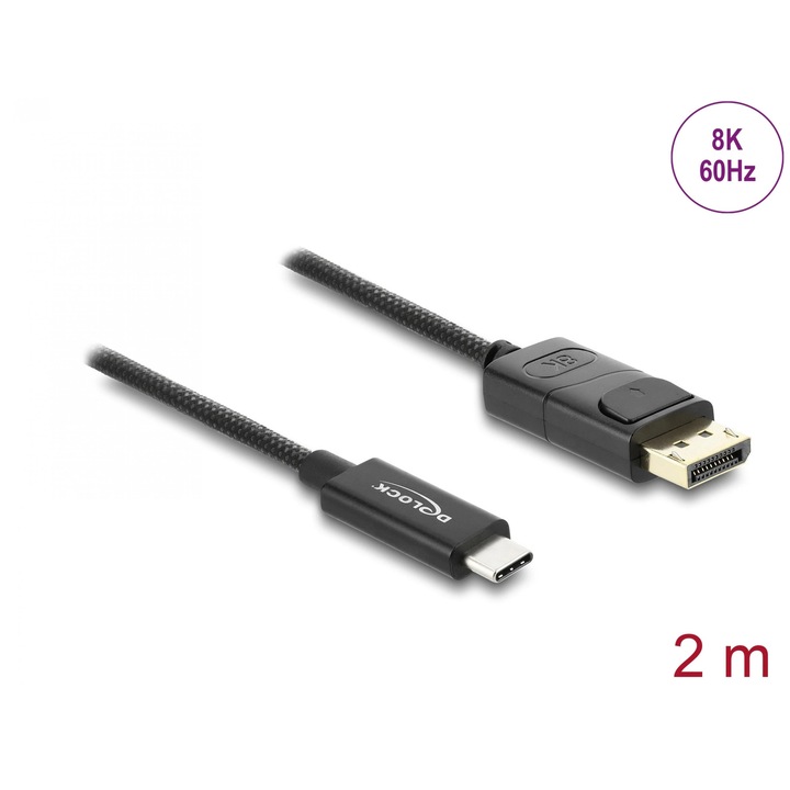 Кабел коаксиален USB Type C към DisplayPort (DP Alt Mode) 4K60Hz плетен 2м Черен, Delock 81702
