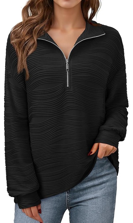 Bluza neagra texturata larga, cu maneci lungi, decolteu V cu ferfewqgmoar, Negru