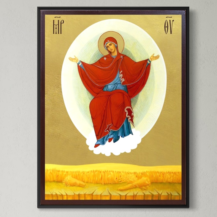 Tablou Canvas Premium, LuxCanva® H1084, Rama Aluminiu Black, Icoana pentru binecuvantarea casei si gospodariei, 90 X 120 CM, Panza Bumbac 100% 400g/m2, Sasiu, Lemn, Icoana, Holde, Munca, Fertilitate, Belsug, Har, Familie, Living, Dormitor