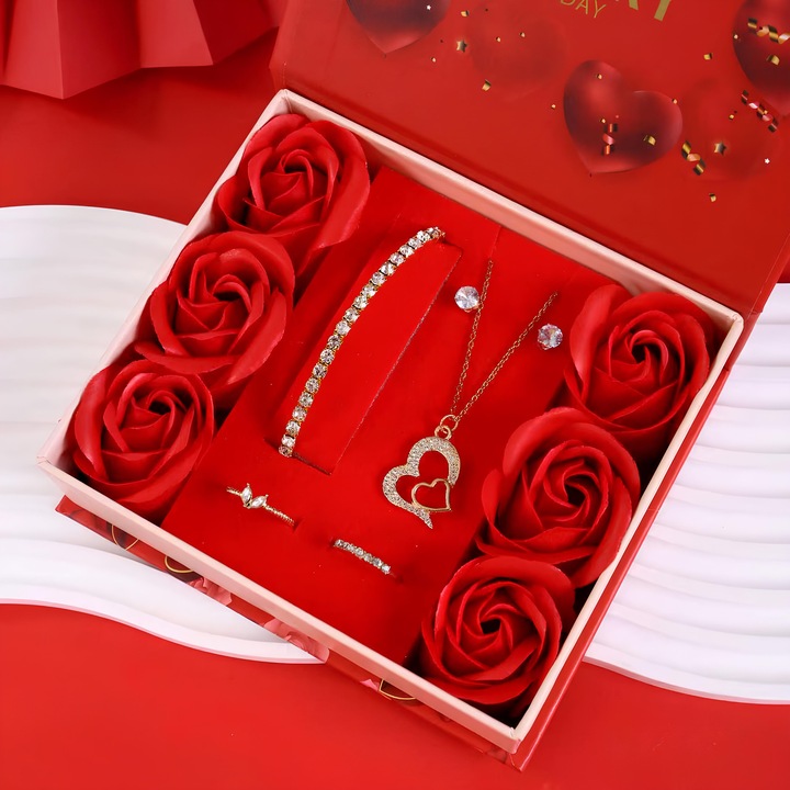 Подаръчен комплект за дами, Nevermore, сапунени рози, колие с висулка 2 свързани сърца, пръстени, гривна и обеци