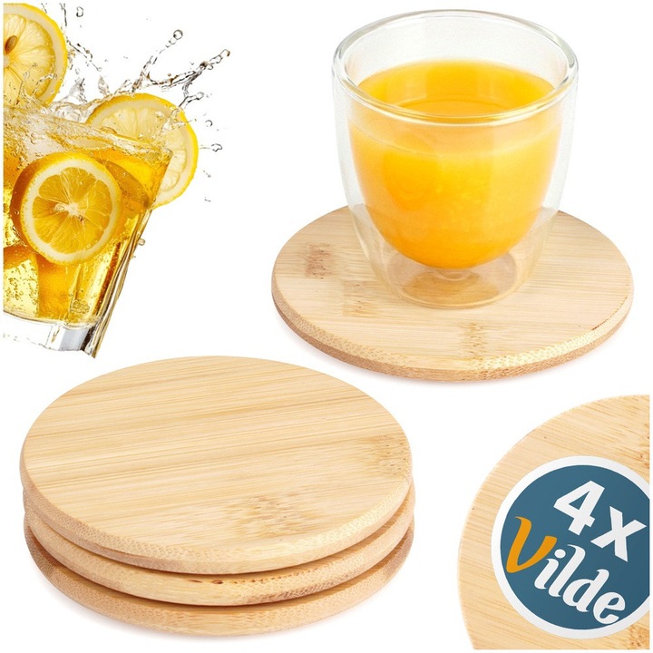 4 darab bambusz poháralátét, Vilde, 9.5 cm, natúr barna, hatékony asztali védelem foltok és hő ellen, kerek forma egyszerű és elegáns dizájnnal, környezetbarát nedvességálló anyag, elengedhetetlen minden otthonba