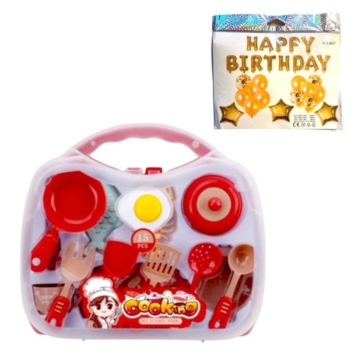 Играчка Hooppie, 30x26x7 см, комплект кухненски прибори, преносим, пластмаса, червен, 15 части, 03 години+ с Комплект балони за парти, 28 броя, 4 варианта