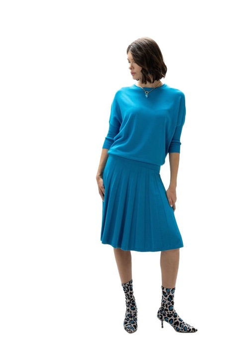 Fusta HEMINA F365 Tricotata din Viscoza, Evazata cu Pliuri, Albastru azur