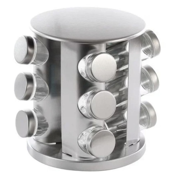 Suport rotativ pentru condimente, inox, 12 recipiente, organizator pentru dulap/masă