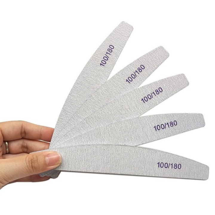 Set 5 Pile Unghii Profesionale Refolosibile cu Granulatie Dubla 100/180 Design Semiluna pentru Modelare, Finisare si Intretinere Unghii Naturale si Artificiale Manichiura Pedichiura, Gri