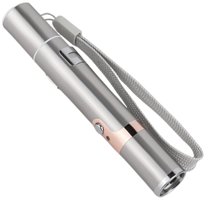 Jucarie Interactiva Pisici HASEPE® Cu Laser Pointer Pisici Reincarcabil USB, Jucarie Laser Pisici Cu 7 Moduri Ajustabile, Lanterna LED Integrata, Otel Inoxidabil Argintiu, Jucarie Interactiva Pisici Pentru Interior, Laser Pointer Pisici Portabil