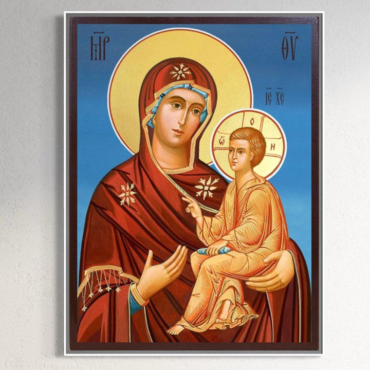 Tablou Canvas Premium, LuxCanva® H1085, Rama Aluminiu Silver, Icoana Maicii Domnului Tihvin, 90 X 120 CM, Panza Bumbac 100% 400g/m2, Sasiu, Lemn, Icoana, Ocrotitoare, Copii, Familie, Protectie, Matern, Mangaiere, Living, Dormitor