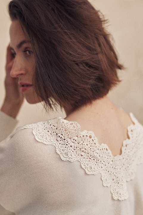 Tatuum, Pulover din lana cu decolteu in V, Bej