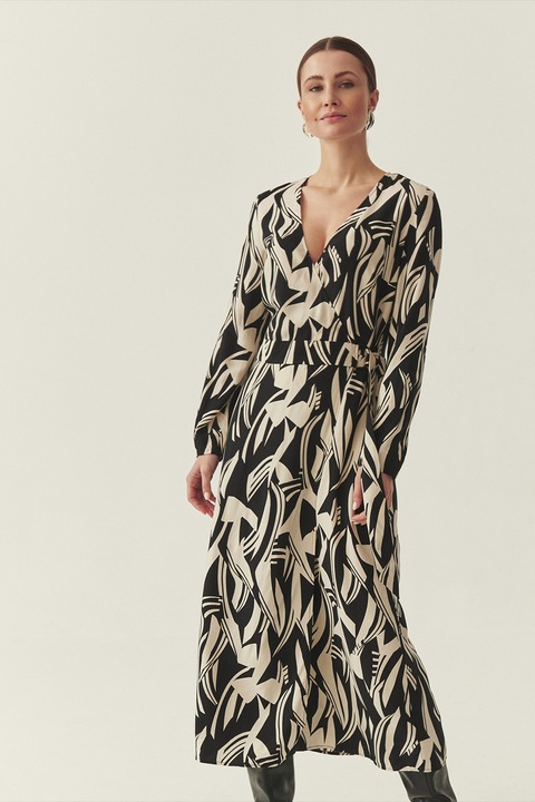 Tatuum, Rochie lunga cu decolteu in V, Negru/Bej deschis