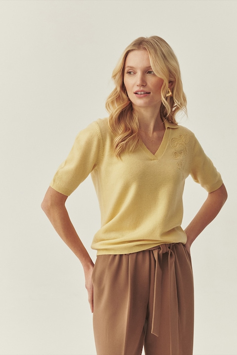 Tatuum, Pulover din lana cu maneci scurte si detaliu brodat, Galben pai