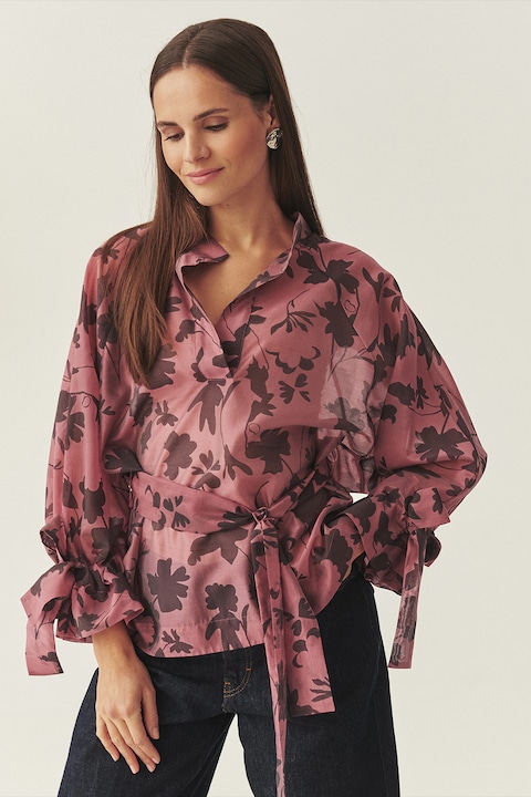 Tatuum, Bluza-tunica cu model floral si cordon in talie, Visiniu/Rosu capsuna
