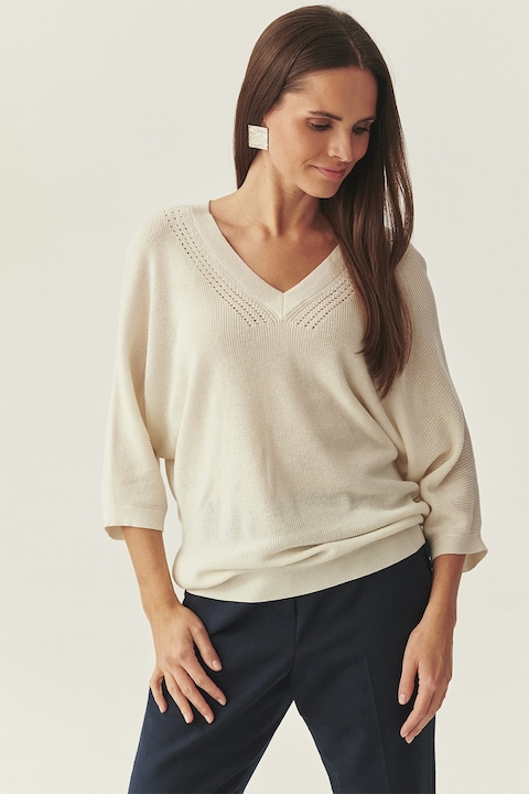 Tatuum, Pulover tricotat din amestec de in si lyocell cu maneci medii, Alb fildes