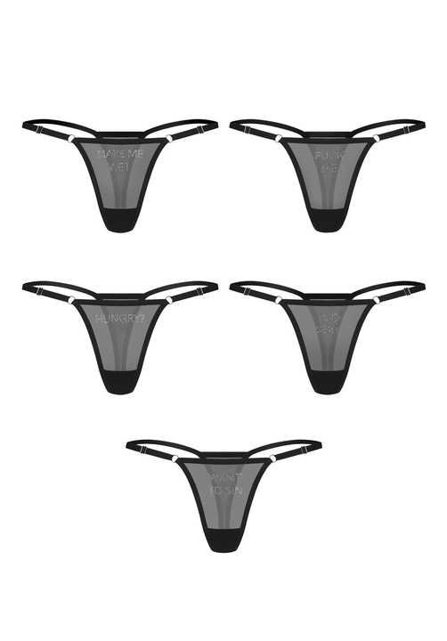 Set Obsessive, feliratos, fényes átlátszó anyagból, állítható pántokkal, Fekete