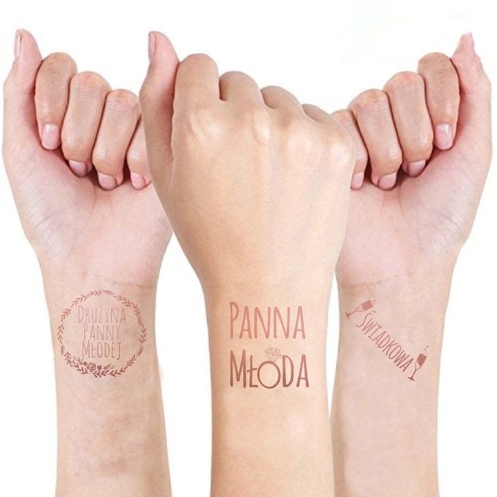 Set 12 tatuaje rose gold pentru petrecere, PropaGanda, decorativ, dermatologic, 1x Panna Mlada, 1x Svidkowa, 10x Druzyna Panny Mladei