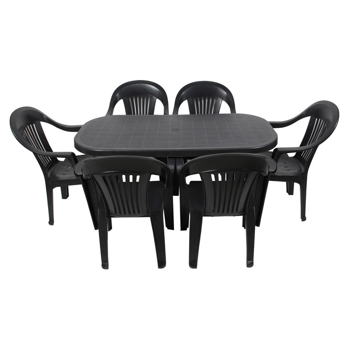 Set mobilier gradina Dol, masa fixa ovală 140x70cm, 6 scaune antracit, plastic