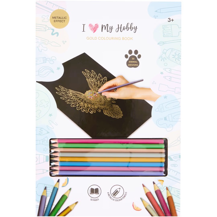 Carte de Colorat cu Creioane cu efect Metalic, 30 Modele Animale, 8 Culori Incluse, I love my hobby