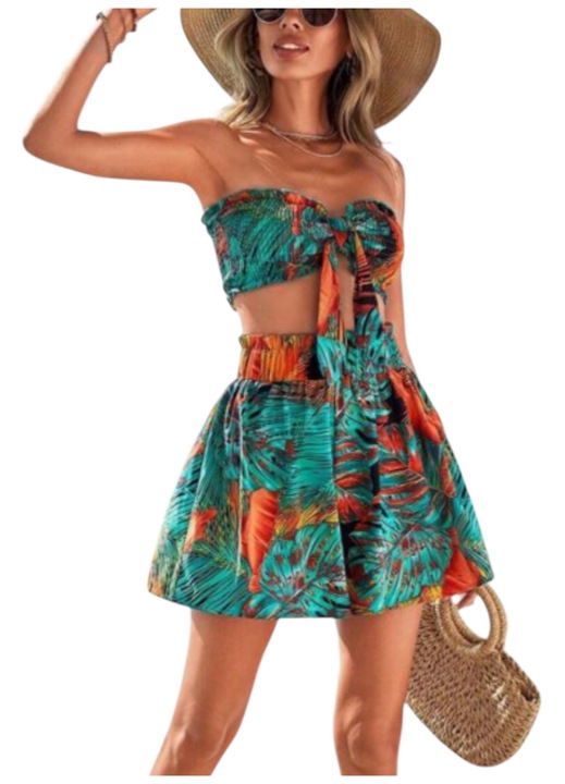 Дамски летен комплект от две части, топ и къси панталонки, син, размер S INTL