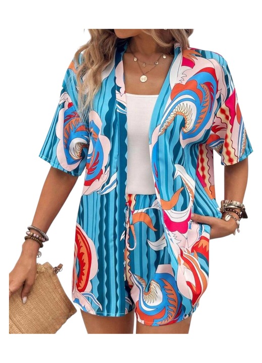 Дамски летен комплект от две части, къси панталонки и топ, многоцветен, размер S INTL