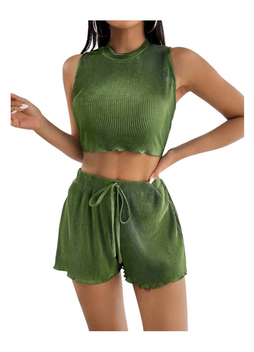 Дамски летен комплект от две части, топ и къси панталонки, зелен, S INTL