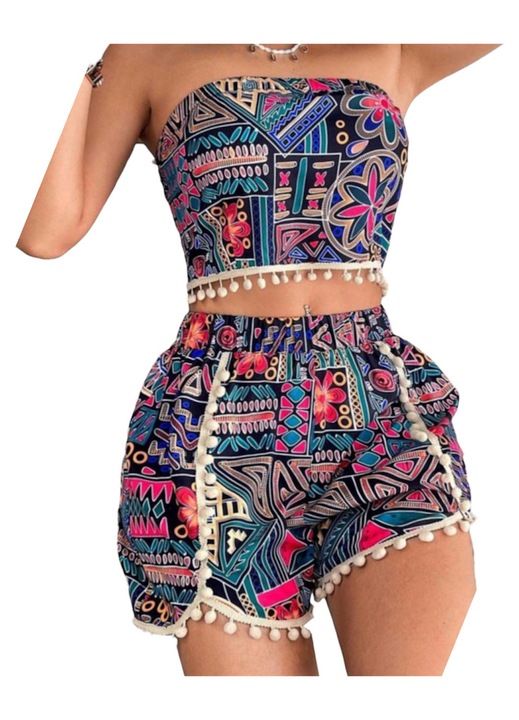 Женски летен комплект от 2 части, топ и къси панталони, многоцветен, размер S INTL