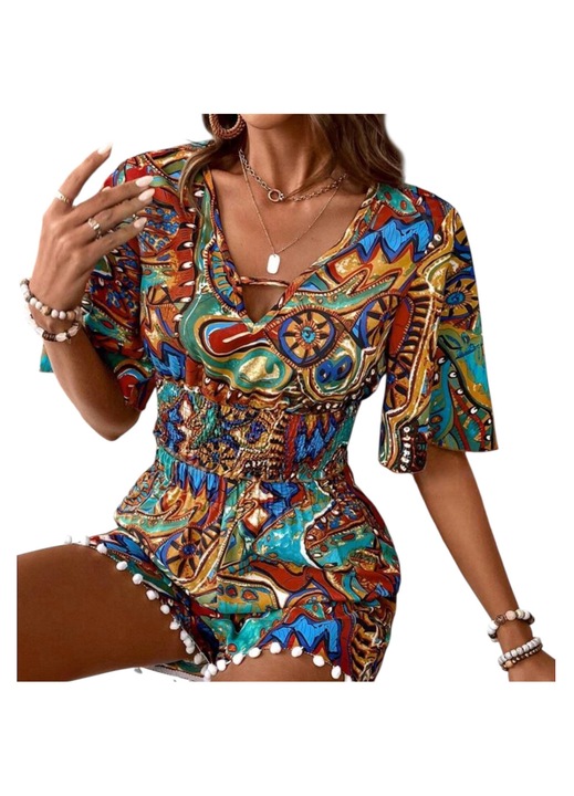 Дамски летен комплект от две части, топ и къси панталонки, многоцветен, размер S INTL