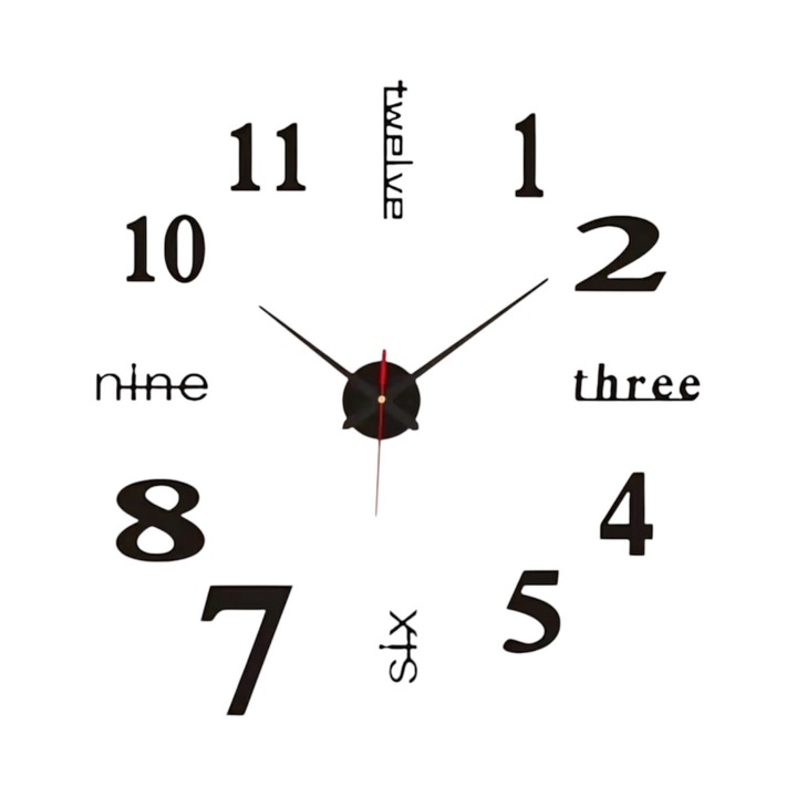 Декорativen стенен часовник, 38.5см, комплект със самозалепващи се цифри, цвят черен