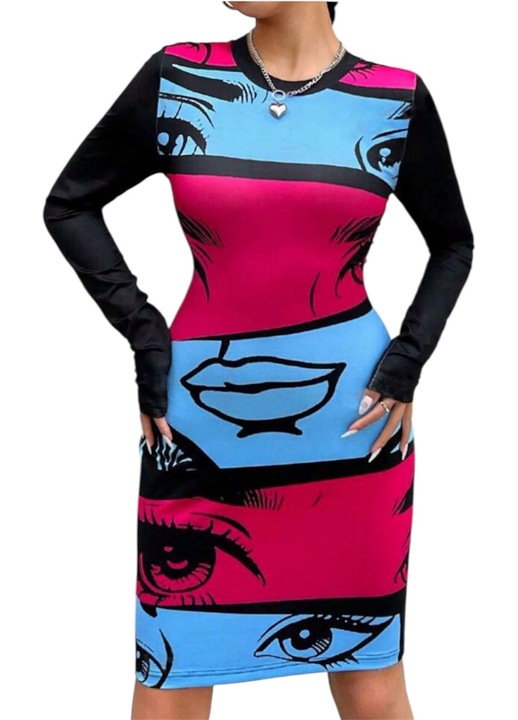 Дамска ежедневна рокля, синьо/розово/черно, размер S, дълъг ръкав