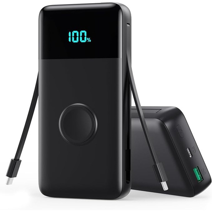 Power Bank 5 az 1-ben Trswyop 26800mAh, Gyors Töltés 25W, 2 Beépített Kábel, Vezeték Nélküli 15W, Fekete