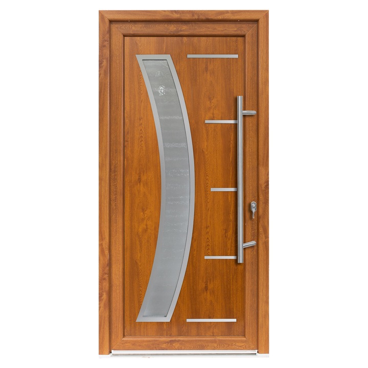 Ușa de exterior PVC Bastion Studio GALIA, 980x2000mm, deschidere dreapta, alb stejar auriu, maner spatial