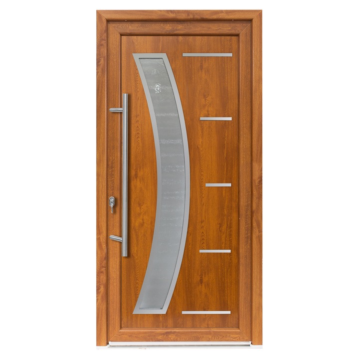 Ușă exterior PVC Bastion Studio GALIA, 980x2000 mm, alb stejar auriu, deschidere stânga, maner spatial