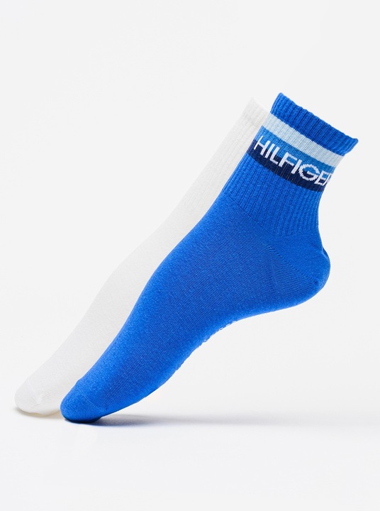 Tommy Hilfiger, Set de sosete scurte cu detaliu logo - 2 perechi, Alb/Albastru royal