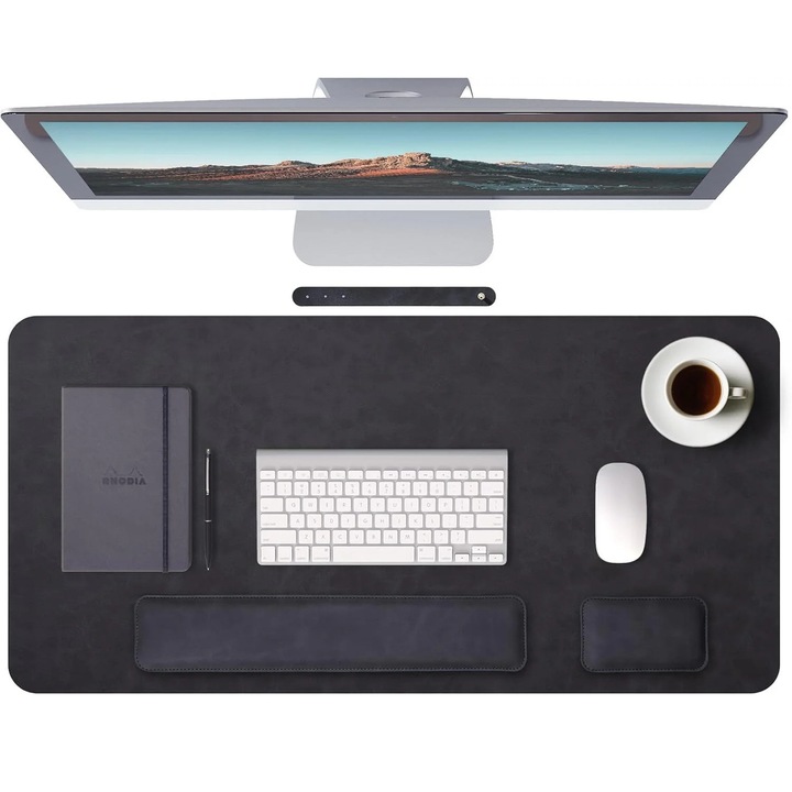 Prémium íróasztal szett egérpaddal és csuklótámasszal billentyűzethez és egérhez - csúszásmentes műbőr, kényelem és védelem az íróasztalhoz, fekete, VELICO®