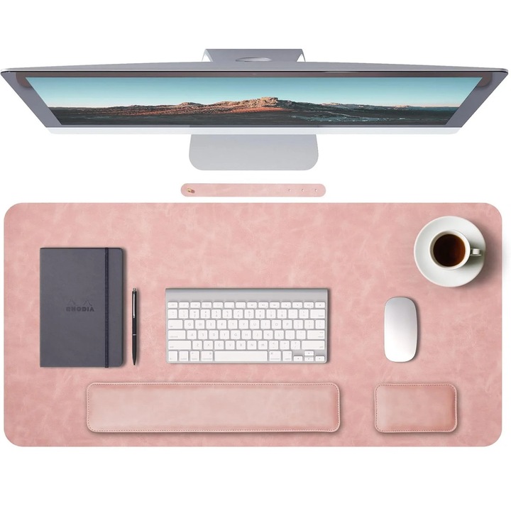 Prémium íróasztal szett egérpaddal és csuklótámasszal billentyűzethez és egérhez - csúszásmentes műbőr, kényelem és védelem az íróasztalhoz, rózsaszín, VELICO®