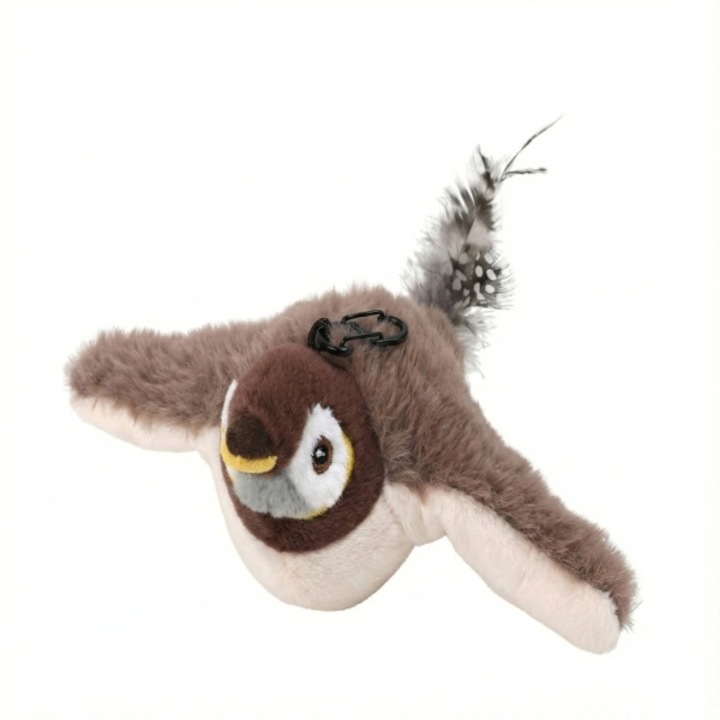 Interaktív macska játék, mozgassa a szárnyait, érintésre csipogó hangokat ad ki, puha plüssből és természetes tollakból, akasztóval és kötéllel, újratölthető akkumulátor, könnyű tisztítás - CHIRRICAT veréb HARLEY®