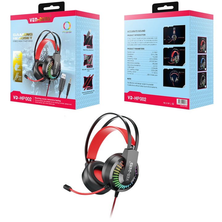 Casti de gaming Ven-Dens VD-HP002, negre/rosii, confortabile, usoare