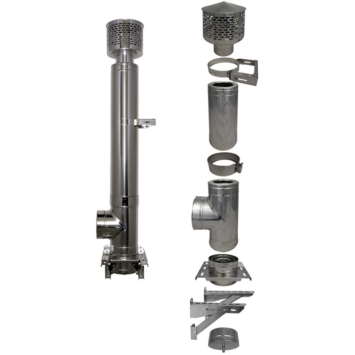 COS DE FUM D180/250 mm - H 7 m - plecare intermediara, teu 90 grade, palarie antiscanteie