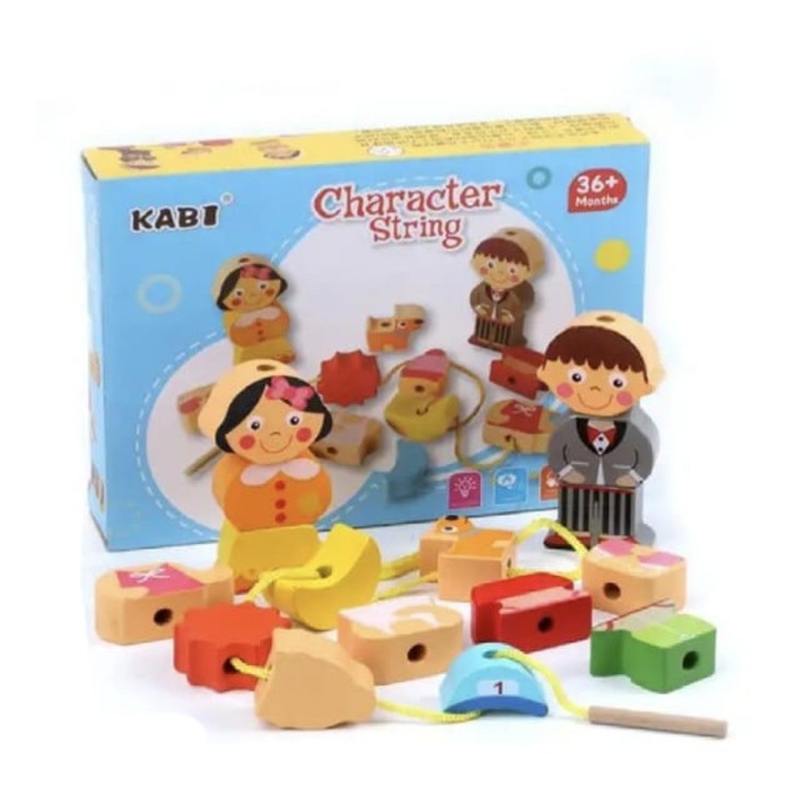 Joc de tip Montessori, Imbraca Fetita-Baiatul, margele din lemn, 3 ani+